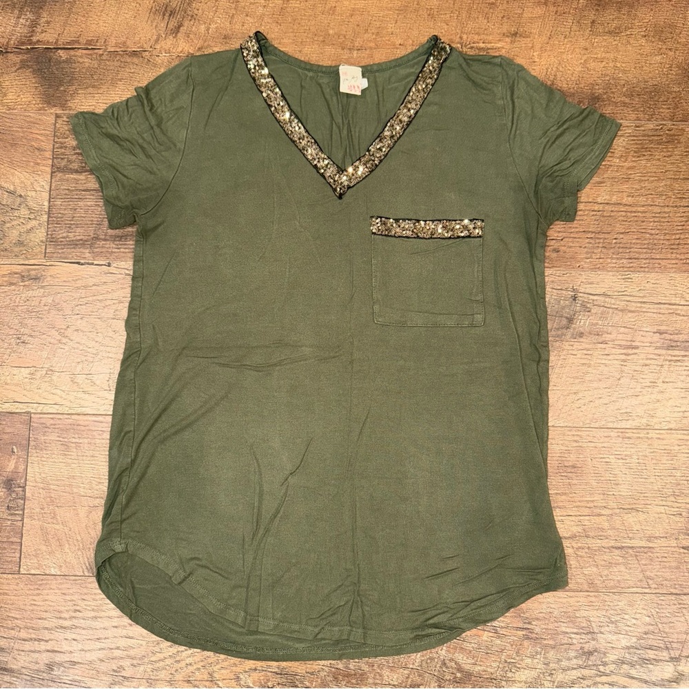 7th Ray Olive Green Sequin Trim Pocket V-Neck Top